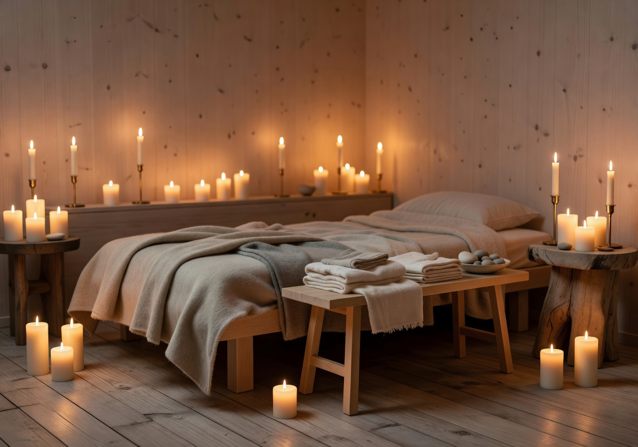 Candle-lit Nordic spa relaxation room