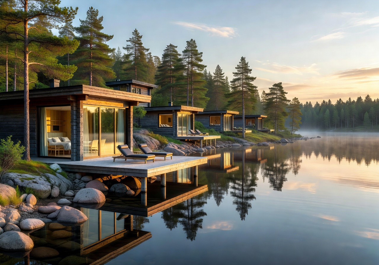 Finland luxury resort lakeside cinematic view
