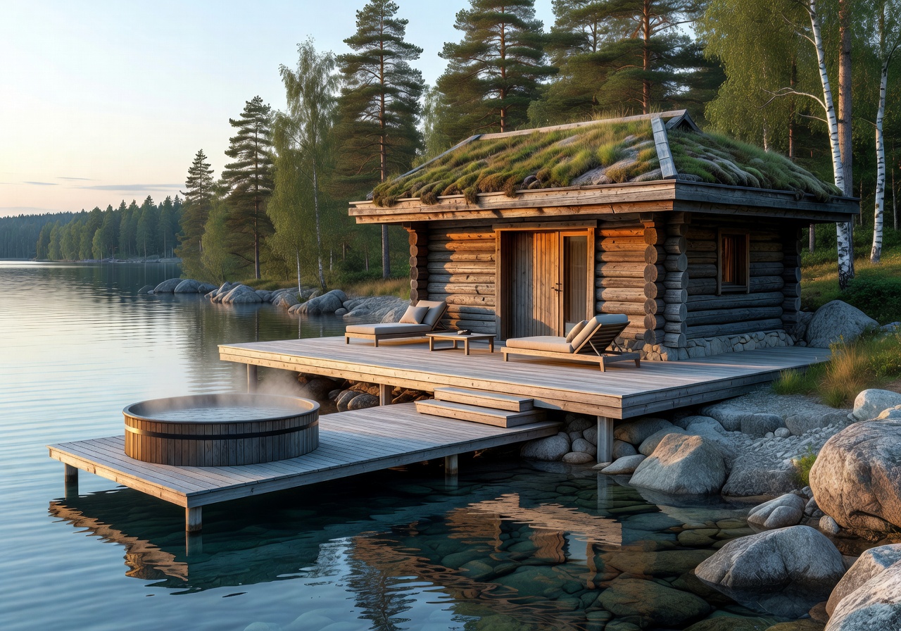 Finnish lakeside sauna luxury exterior