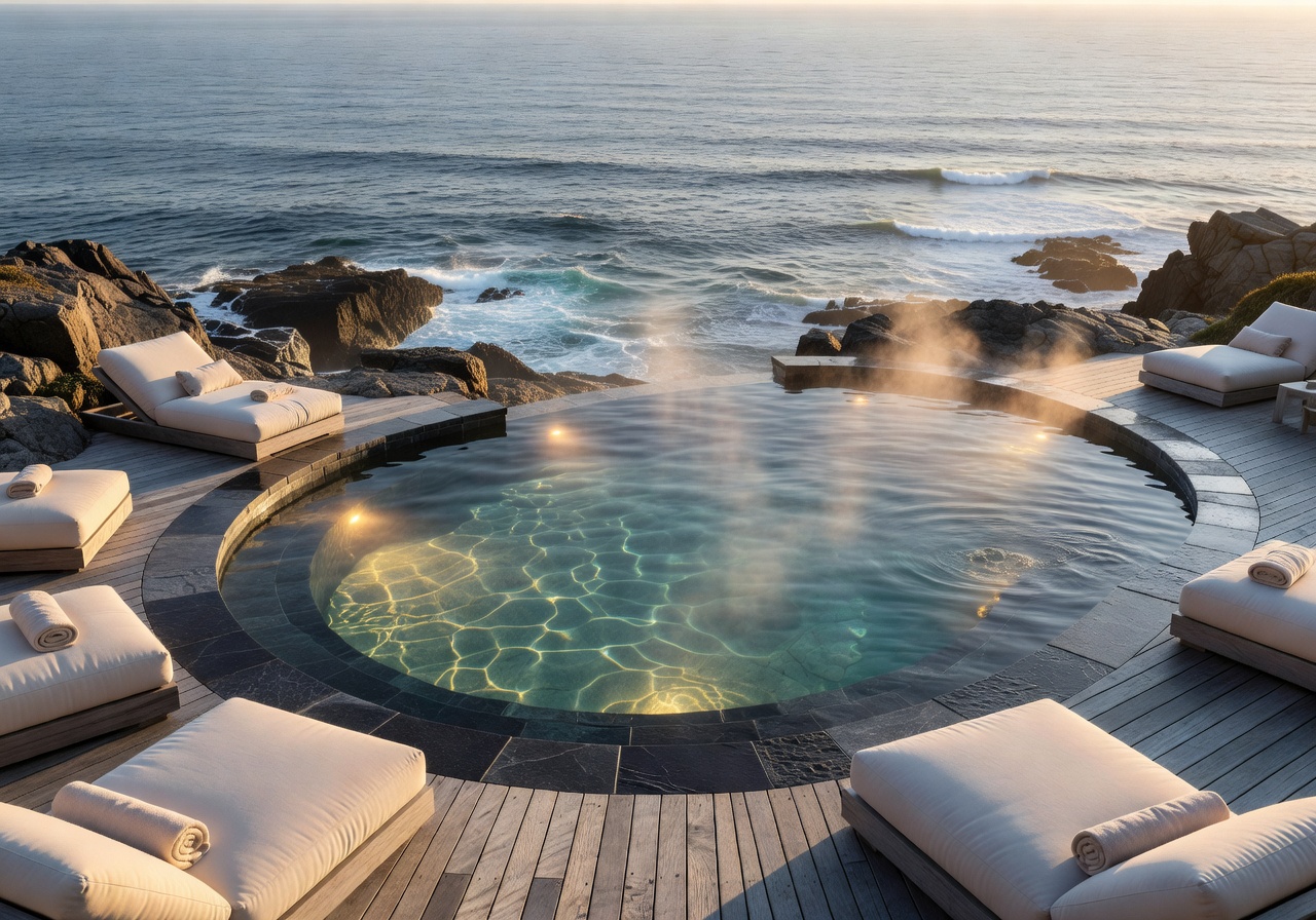 Heated luxury spa pool with coastal view