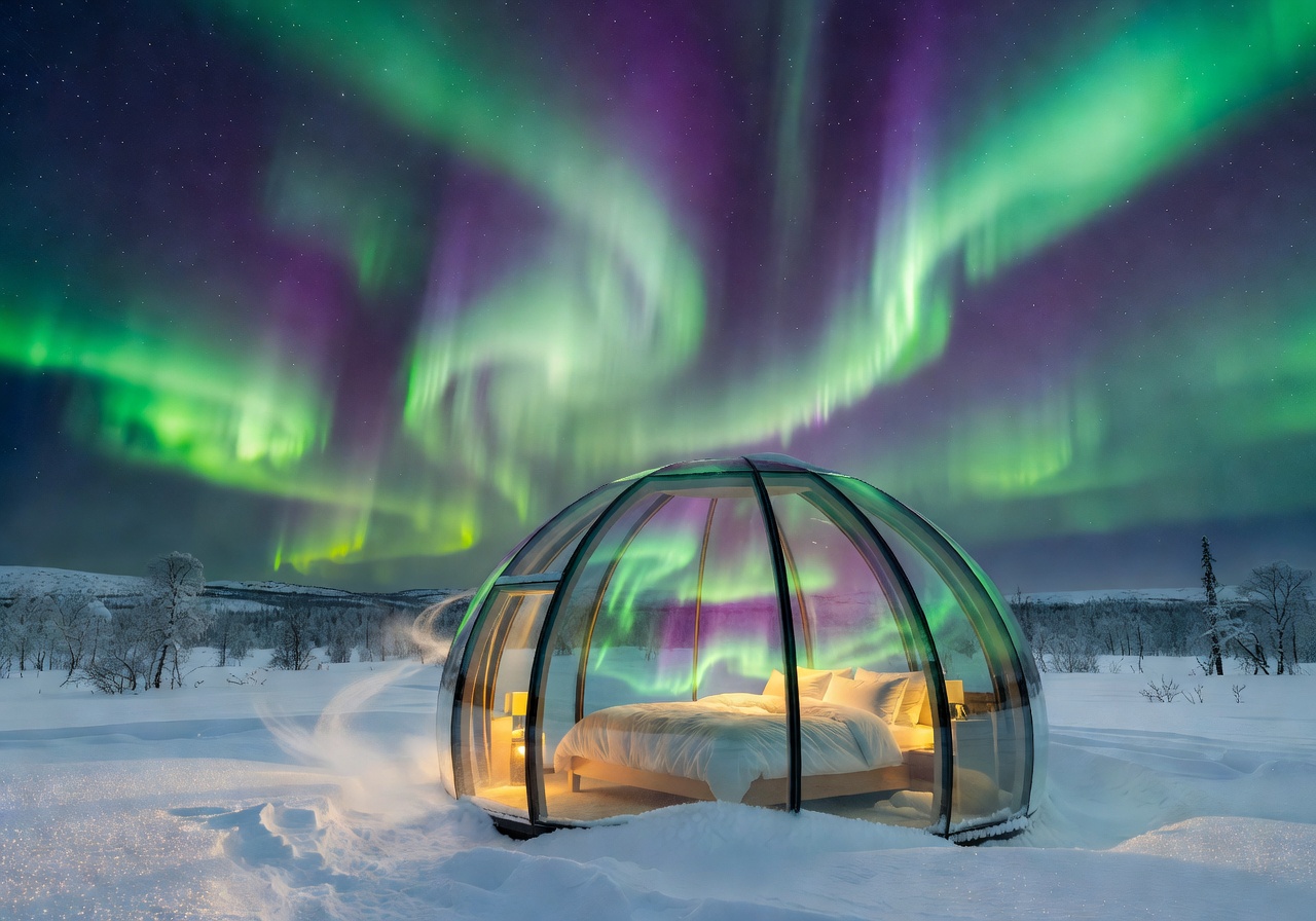 Kakslauttanen glass igloo suite under Northern Lights