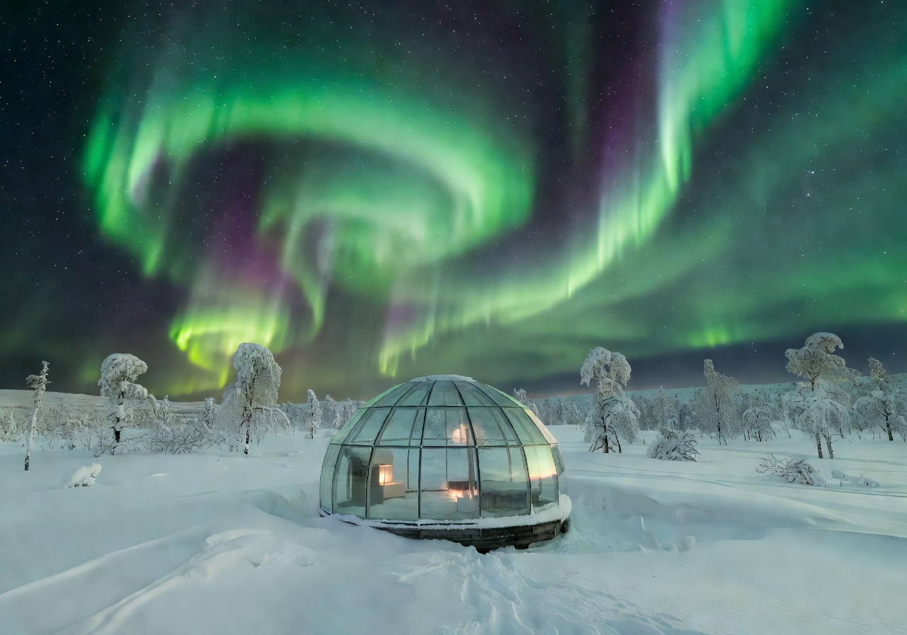Kakslauttanen glass igloo under Northern Lights