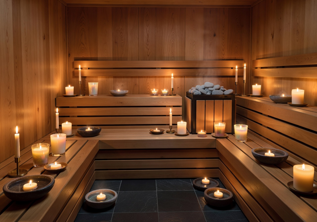 Luxury Finnish sauna candle-lit spa interior