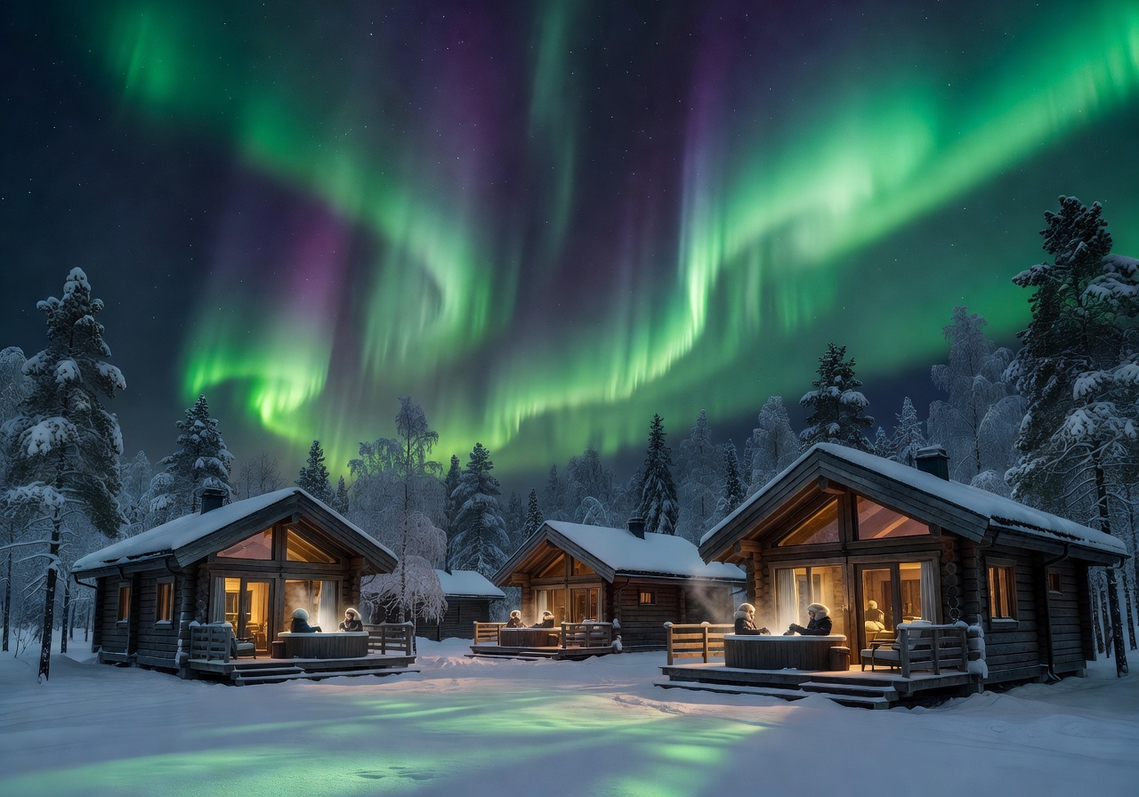 Northern Lights aurora over Finnish luxury resort